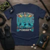 T-shirt with "STRESS IS CAUSED BY NOT DIVING ENOUGH" text and underwater scene with divers and fish