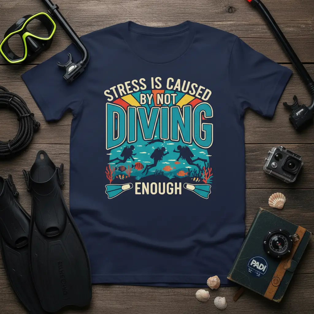 Stress is Caused By Not Diving Enough quote with divers and fish graphic on a navy t-shirt