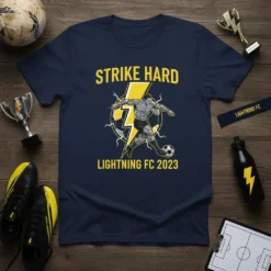 Strike Hard Lightning FC 2023 soccer team t-shirt with a lightning bolt graphic and player kicking a ball