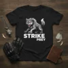 Black t-shirt with a grey wolf graphic and "STRIKE PREY" text in white
