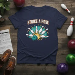 T-shirt with "Strike A Pose" text and bowling pins graphic, featuring a teal bowling ball and yellow starburst