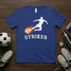 White silhouette of a soccer player kicking a flaming ball, with the word STRIKER in white varsity font below on