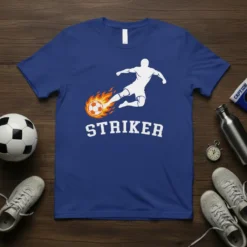 White silhouette of a soccer player kicking a flaming ball, with the word STRIKER in white varsity font below on
