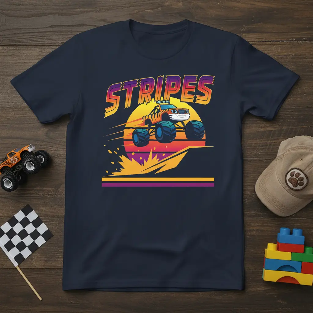 STRIPES monster truck graphic tee featuring a tiger-themed vehicle with retro sunset background