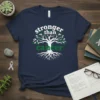 Navy t-shirt with white and green "Stronger Than Cancer" text and a tree of life graphic