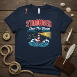 Stronger Than The Storm Christian T-Shirt with lighthouse graphic and inspirational quote