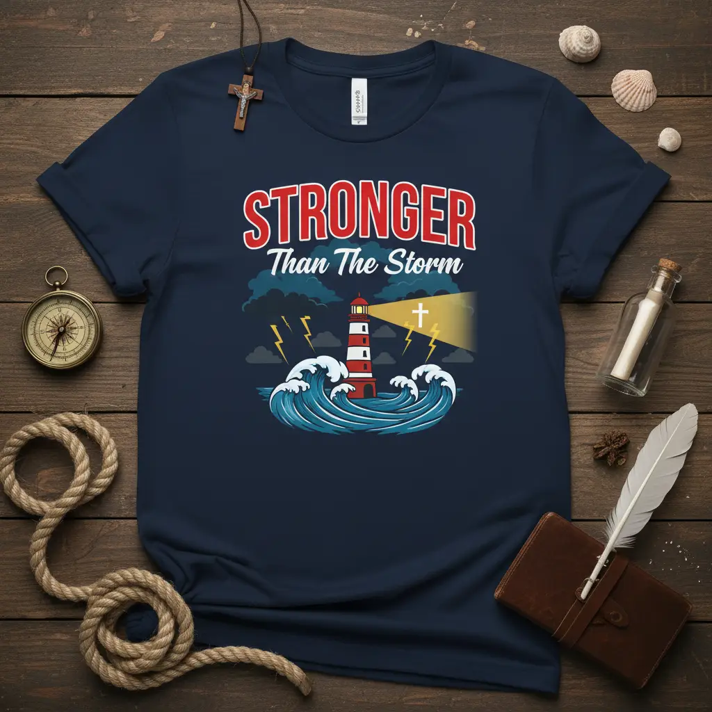 Stronger Than The Storm quote with lighthouse and waves on navy blue t-shirt design