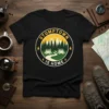 Stumptown Is Home text on a vintage circular graphic t-shirt design with trees and city skyline