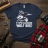 Stupid Canadian Wolf Bird t-shirt featuring a graphic of a wolf's head merged with a loon bird, with white text