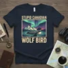 Stupid Canadian Wolf Bird t-shirt design with a loon swimming under aurora borealis and mountains