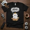 Black t-shirt with "Stupid Hoomans" text and a grumpy white cat wearing a crown, sitting in cardboard boxes
