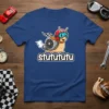 Cartoon turbo snail with "stututututu" text on a blue t-shirt, designed for racing and speed enthusiasts