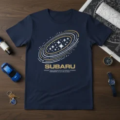 Navy blue t-shirt featuring the Subaru Corporation trademark logo with a stylized star cluster in an elliptical orbit