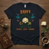 Sufi Peace Love Whirl t-shirt design with sufi dancers, lotus, crescent moon, om symbol, and stars