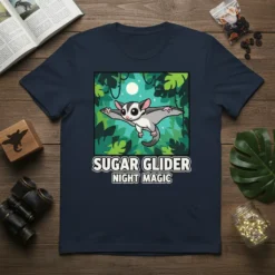 Sugar Glider Night Magic T-Shirt featuring a cartoon sugar glider in flight against a moonlit jungle backdrop
