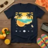 Summer 21' text with a beach sunset scene, palm trees, orange slice, and butterflies on a navy t-shirt
