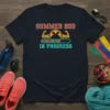 Summer Bod In Progress text with muscle graphic and progress bar on a navy t-shirt, fitness apparel