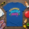 Summer Break 2025 text with palm trees, sun, and waves graphic on a blue t-shirt