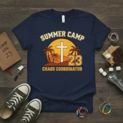 Summer Camp 23 Chaos Coordinator t-shirt design featuring a sunset, cross, palm trees, and year 23