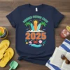 Summer Cousin Crew 2025 t-shirt design with surfboards, palm trees, and beach elements