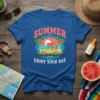 Blue t-shirt with "Summer Enjoy Your Day" text and a graphic of a vintage car carrying watermelon and surfboards