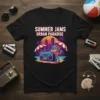 Summer Jams Urban Paradise text with retro boombox and city skyline graphic on a black t-shirt