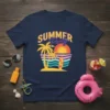 Summer Party t-shirt design featuring palm trees, sunset, and surfboard with colorful wavy lines