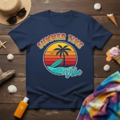 Retro Summer Time Vibe t-shirt with a sunset, palm tree, surfboard, and ocean waves graphic