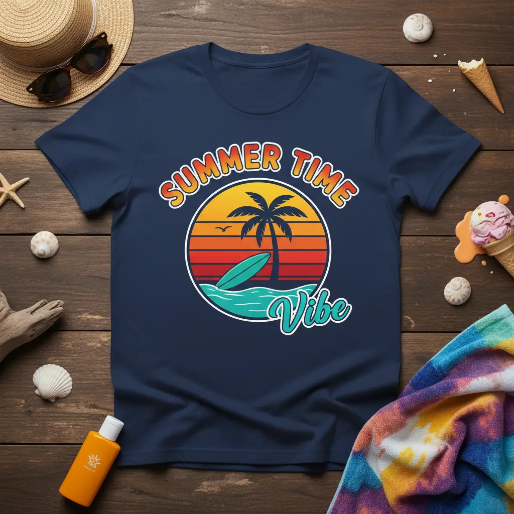 Summer Time Vibe T-Shirt Retro Beach Sunset Palm Tree
