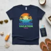 Summer Vacation 2026 t-shirt with retro sunglasses reflecting a sunset and palm trees, vibrant neon text