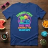 Summer Vibes Good Times Sunshine & Fun Beach Days neon graphic t-shirt design with palm tree, sun, moon, and waves