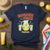 Summer Vibes Lemonade text with pitcher and glasses of lemonade graphic on a navy t-shirt