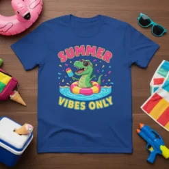 Summer Vibes Only text with a cartoon dinosaur wearing sunglasses and floating in a pool with a popsicle