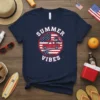 Navy t-shirt with "SUMMER VIBES" text, featuring a red retro truck, surfboards, palm trees, American flag, and ocean wave graphic