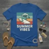Retro SUMMER VIBES t-shirt design with a cartoon wave surfing and thumbs up, vintage stripes background