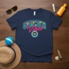 Navy t-shirt with "SUMMER Vibes" text in colorful floral letters and a sunset graphic