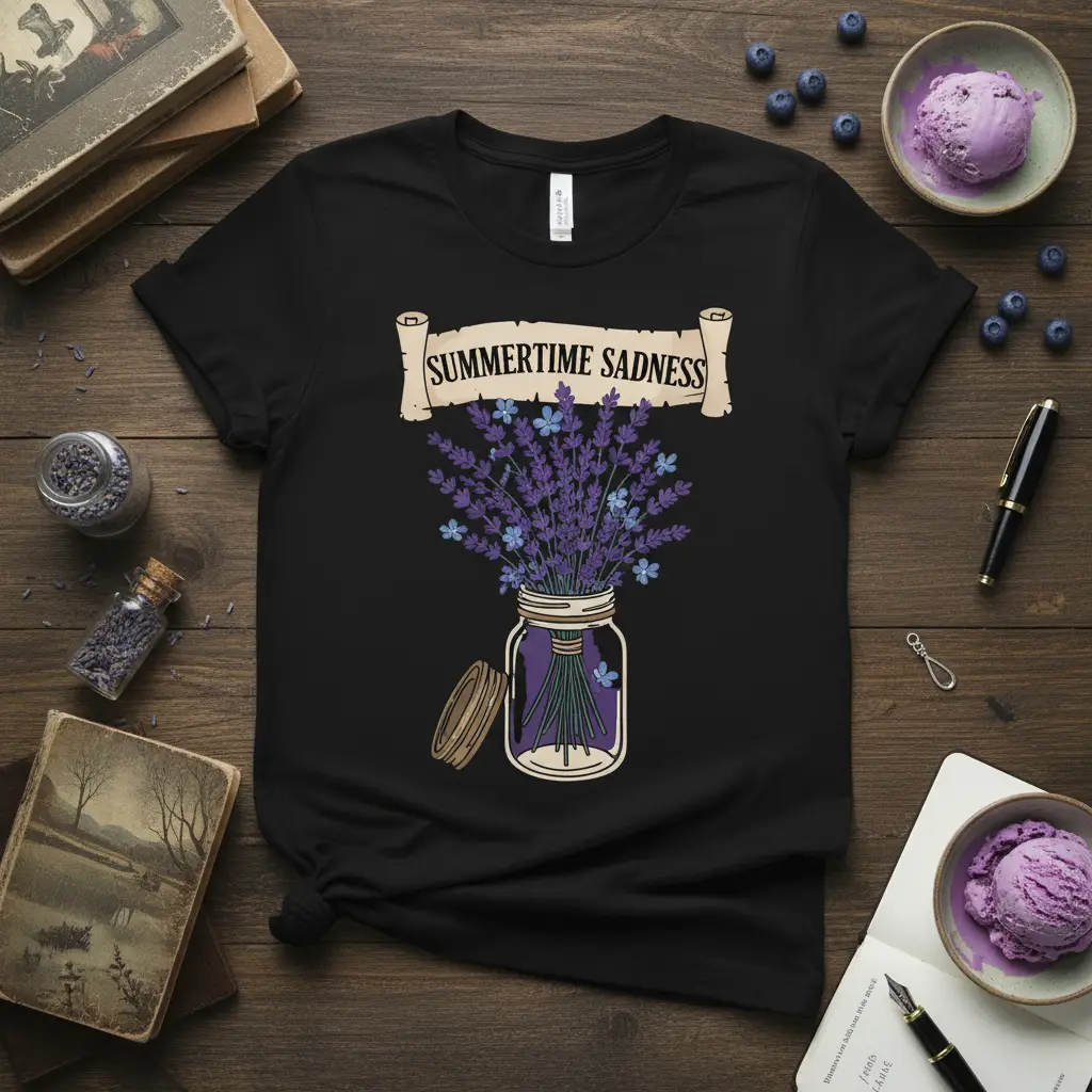 Summertime Sadness quote on banner above lavender bouquet in mason jar, black t-shirt design