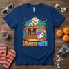 Summerween t-shirt design featuring a skeleton at a beach bar and a ghost relaxing on a lounge chair under a