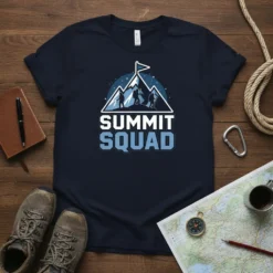 Summit Squad text with mountain climbers graphic on a navy blue t-shirt, perfect for hiking crews