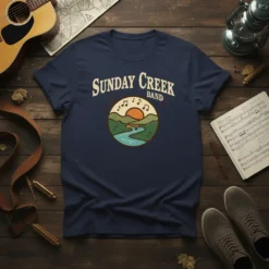 Sunday Creek Band t-shirt design featuring a circular graphic with mountains, river, sun, and musical notes