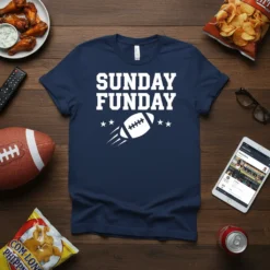 Navy blue t-shirt with white "Sunday Funday" text and a graphic of a football with motion lines and stars
