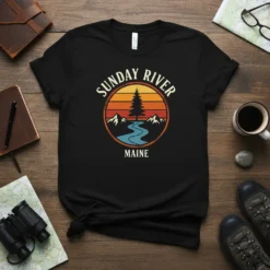 Sunday River Maine vintage sunset graphic t-shirt with mountain and river design