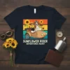 Sunflower Rider Adventures Await t-shirt design with a basset hound driving a vintage car through sunflowers