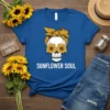 Sunflower Soul t-shirt with a skull wearing a bandana and sunflower eyes, featuring white text on a blue shirt