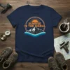Navy t-shirt with "Sunrise Is The Signal" text and a mountain graphic, perfect for hikers and outdoor lovers