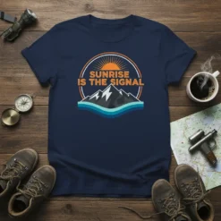 Navy t-shirt with "Sunrise Is The Signal" text and a mountain graphic, perfect for hikers and outdoor lovers