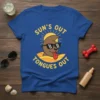 Blue t-shirt with "Sun's Out Tongues Out" text and a cartoon seal wearing sunglasses enjoying the sun