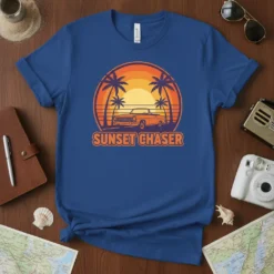 Sunset Chaser vintage car design with palm trees and a retro sunset graphic on a blue t-shirt