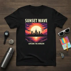 Black t-shirt featuring a vibrant "Sunset Wave Explore The Horizon" design with a city skyline silhouette against a dramatic sunset