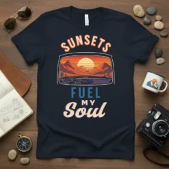 Sunsets Fuel My Soul t-shirt featuring a desert sunset view from a car window, with mountains and cacti, in a